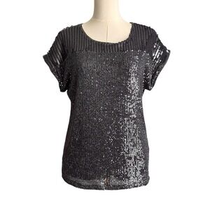 NWT Cable & Gauge Black/Gray Sequin Short Sleeve Lined Top Size Small-P